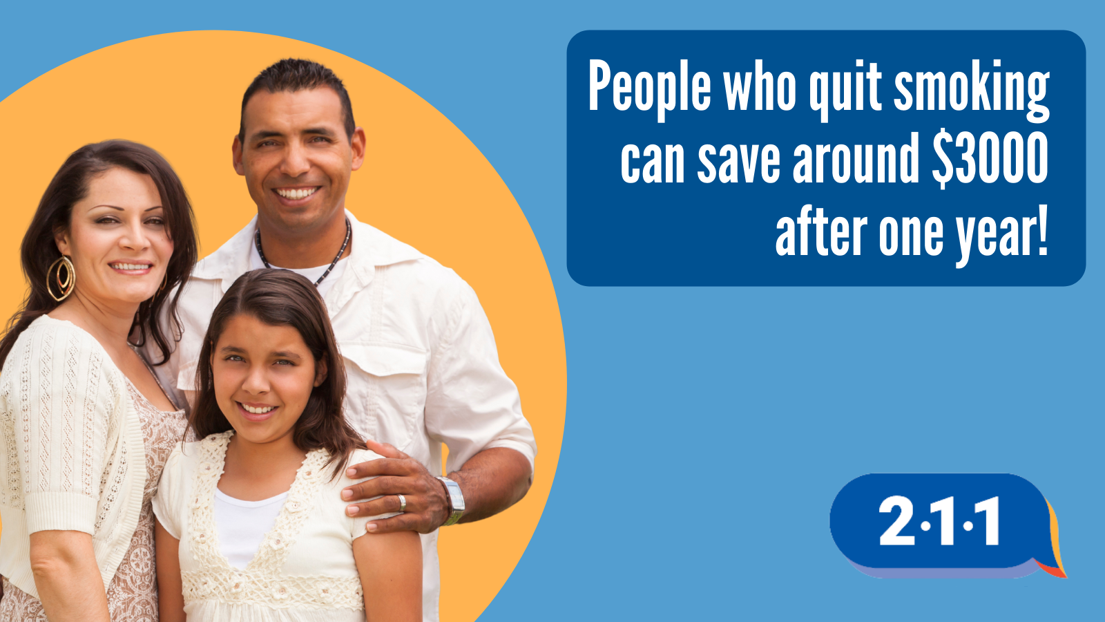Hispanic smiling family and text: People who quit smoking can save around $3000 after one year! 2-1-1